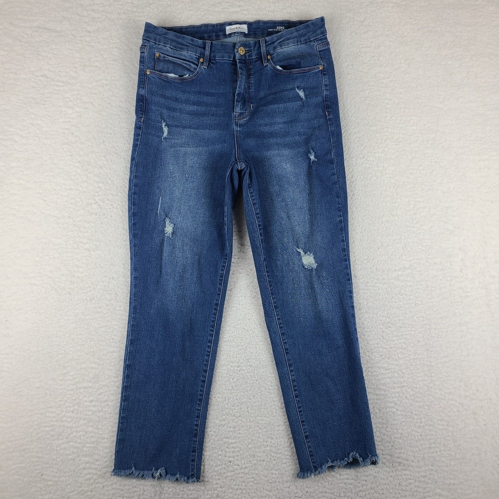 Nicole Miller Jeans Womens 12 Blue SOHO High Rise Slim Straight Medium Wash Fray